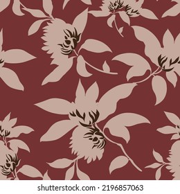 seamless floral vector cream flowers leaves pattern on red background