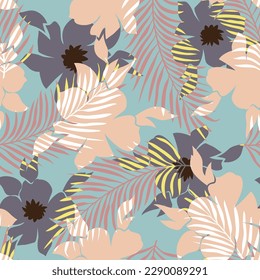 seamless floral vector cream and grey flowers with leaf pattern on green  background
