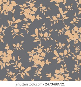seamless floral vector cream small flowers leaves pattern on grey background