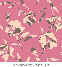 seamless floral vector cream texture flowers leaves pattern on pink background