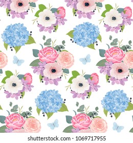 Seamless floral vector design pattern with small romantic summer flower bouquets with rose, anemone, hydrangea, peony, eucalyptus leaves in watercolor style. Floral background for print