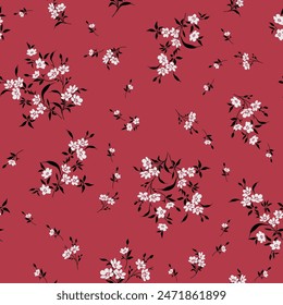 seamless floral vector grey small flowers with black leaves pattern on red background