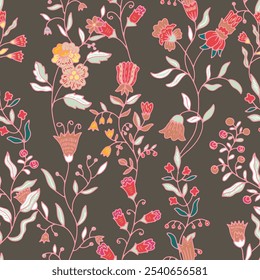 Seamless floral vector illustration featuring elegant botanical elements on a dark background. Perfect for fabric, stationery, and gift wrap.