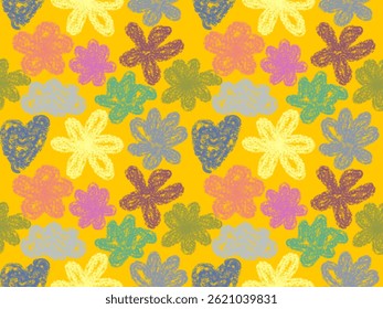 Seamless floral vector illustration with summer flowers and leaves, seamless pattern in yellow tones, hand drawn floral pattern painted with wood.