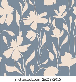 Seamless floral vector laconic beige delicate ink vintage handmade pattern for fabric design, decor, ceramics, greeting cards, flowers, texture print on burgundy background