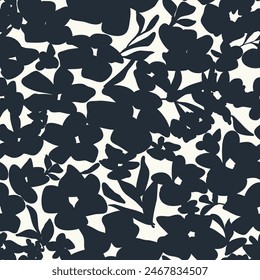 Seamless floral vector laconic black and white handmade ink drawing for fabric design, decor, ceramics, greeting cards, flowers, texture print for backgrounds