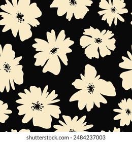 Vector floral sin costura lacónico negro y blanco hecho a mano patrón de garabato para el diseño de fondo de tela, decoración, cerámica, tarjetas, flores, impresión de textura sobre fondo negro