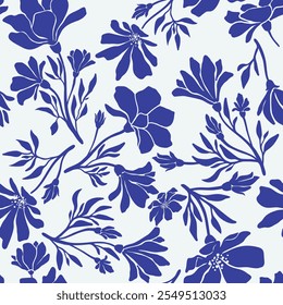 Vetor floral sem costura lacônico azul e branco desenho à mão tinta feito à mão para design de tecido, decoração, cerâmica, cartões de saudação, flores, impressão de textura em um fundo cinza