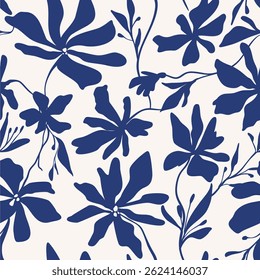 Vetor floral liso azul lacônico no padrão de tinta bege vintage feito à mão para design de tecido, decoração, cerâmica, cartões de saudação, flores, impressão de textura em um fundo claro