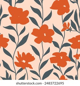 Seamless floral vector laconic delicate doodle spring summer handmade pattern for fabric design, decor, ceramics, greeting cards, flowers, texture print on pink background