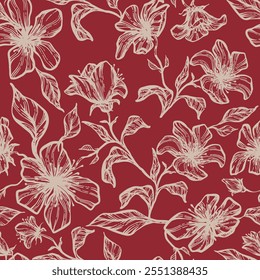 Seamless floral vector laconic retro vintage line drawing hand drawn inflorescences trend colors for fabric design, decor, ceramics, cards, flowers, texture print on bard, red background