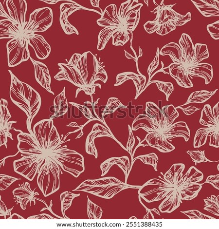Seamless floral vector laconic retro vintage line drawing hand drawn inflorescences trend colors for fabric design, decor, ceramics, cards, flowers, texture print on bard, red background