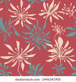 Seamless floral vector laconic trendy handmade ink drawing for fabric design, decor, ceramics, greeting cards, flowers, texture print for backgrounds