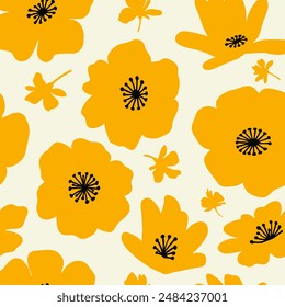 Seamless floral vector laconic yellow and black handmade ink doodle pattern for background design fabric, decor, ceramics, greeting cards, flowers, texture print on a light background