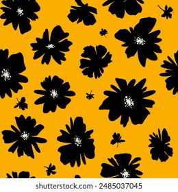 Seamless floral vector laconic yellow and black handmade ink doodle pattern for background design fabric, decor, ceramics, greeting cards, flowers, texture print on a light background