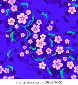 Seamless floral vector with leaves and shadow on purple background