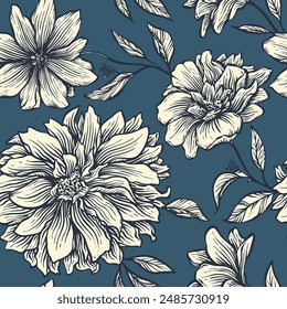 Seamless floral vector line vector ink retro baroque pattern for textile design, decor, ceramics, greeting cards, flowers, texture print for backgrounds