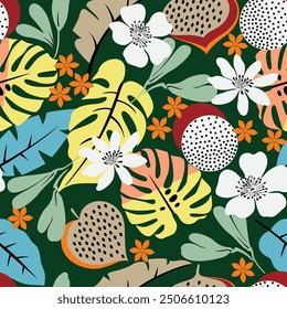 seamless floral vector multi color flowers leaf pattern on green background