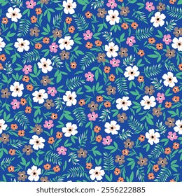 seamless floral vector multi color small flowers leaves pattern on blue background