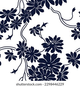 seamless floral vector navy flowers leaves pattern of white