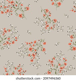 seamless floral vector orange small flowers with green leaves bunches pattern on cream background