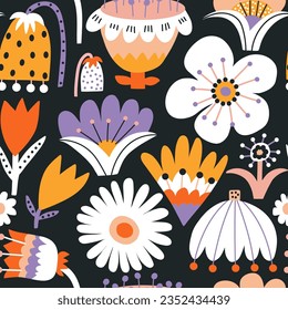 Seamless floral vector pattern with abstract flowers. Creative botanical background. Vector illustration