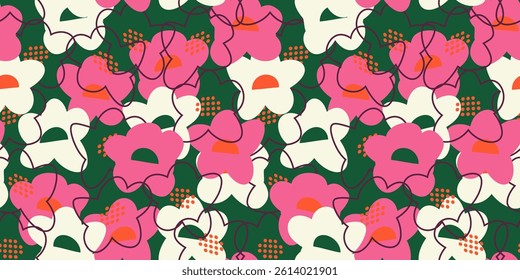 Seamless floral vector pattern with abstract hand drawn flowers in pink, white, and orange on a dark green background. The playful doodle-style lines create a modern, artistic, and vibrant composition