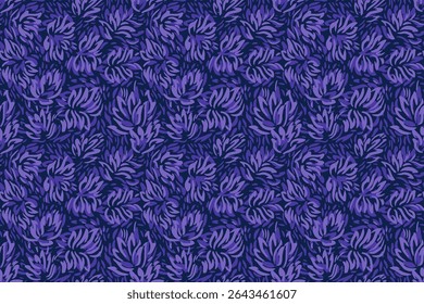 Seamless floral vector pattern with abstract hand drawn petals in shades of violet, purple on a deep background. The expressive brushstroke texture adds a modern and artistic touch