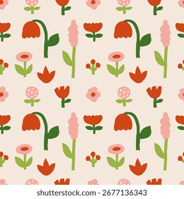 Seamless floral vector pattern with abstract flowers and leaves in flat hand drawn style. Decorative botanical background with simple colorful garden plants for textile, wallpaper, wrapping paper.
