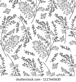 Seamless floral vector pattern Artemisia vulgaris, wormwood common hand drawn ink sketch illustration isolated on white background, Also called absinthium, Absinthe plant for design cosmetic, textile