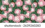 Seamless floral vector pattern with artistic roses and leaves on a deep green background. Hand painted brushstroke style, perfect for textiles, packaging, wallpapers, and feminine branding projects