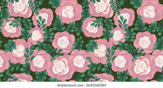 Seamless floral vector pattern with artistic roses and leaves on a deep green background. Hand painted brushstroke style, perfect for textiles, packaging, wallpapers, and feminine branding projects