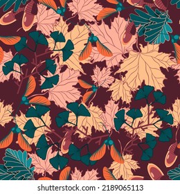 Seamless floral vector pattern with autumn leaves, oak acorns and ginkgo branches 