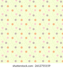Seamless floral vector pattern for background and print. Flowers, circles and thin curved vertical green lines on a light background.