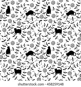 Seamless floral vector pattern with black cats