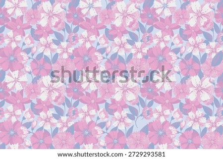 Seamless floral vector pattern with blooming flowers and leaves in soft pink and blue tones on a light background. Romantic botanical design perfect for fabric, wallpaper and spring decor