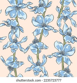 Patrón vectorial floral sin foco con flores azules en rama sobre fondo claro.