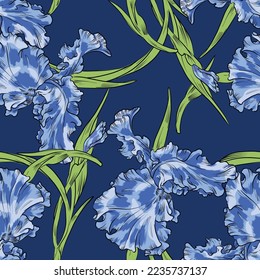 Seamless floral vector pattern with blue irises with green branches on navy blue background.