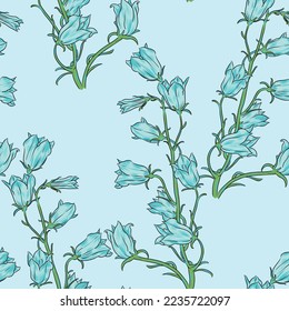 Patrón vectorial floral sin foco con arándanos sobre fondo azul claro.