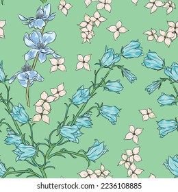 Seamless floral vector pattern with bluebells and some white wildflowers on pastel green background.