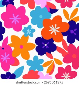 Seamless floral vector pattern with bold, colorful flowers and modern style. Ideal for fabric, wallpaper, and digital backgrounds. Vibrant, hand-drawn, and abstract.
