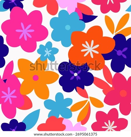 Seamless floral vector pattern with bold, colorful flowers and modern style. Ideal for fabric, wallpaper, and digital backgrounds. Vibrant, hand-drawn, and abstract.