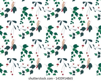 Seamless floral vector pattern branches with leaves birds and berries bright contrast colors on white background