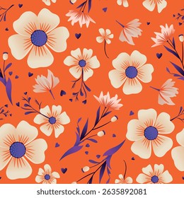 Seamless floral vector pattern with bright orange background, cream flowers, purple leaves and hearts. Ideal for textile, wallpaper, fabric and surface design. Modern, stylish and colorful.