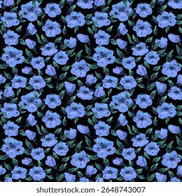 Seamless floral vector pattern with bright blue blossoms, green leaves, and painterly brush texture on a black background. Template for fabric, packaging, wallpapers, and spring decor