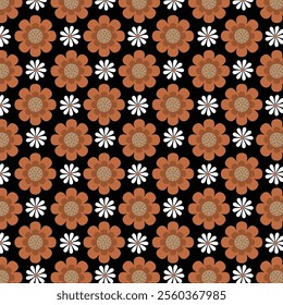 Seamless floral vector pattern with brown and white flowers on black background for fashion, clothing, textile, stationary, packaging and other print.