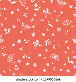 Seamless Floral Vector Pattern with butterflies and tiny flowers silhouettes for decoration, print, textile, fabric, stationery