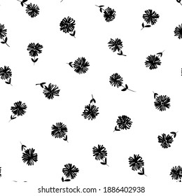 Seamless floral vector pattern with chamomile or daisy branches. Hand drawn black paint illustration with abstract floral motif. Graphic hand drawn brush stroke botanical pattern. Leaves and blooms.