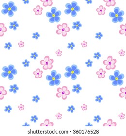 Seamless floral vector pattern. Chaotic background with blue and pink flowers on the white backdrop 