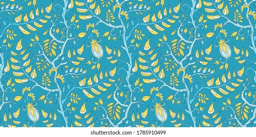 Seamless floral vector pattern with clusters of indian festival flower, leaves, branches inflorescences on turquoise background. Modern art nouveau branches tiles with oriental motif